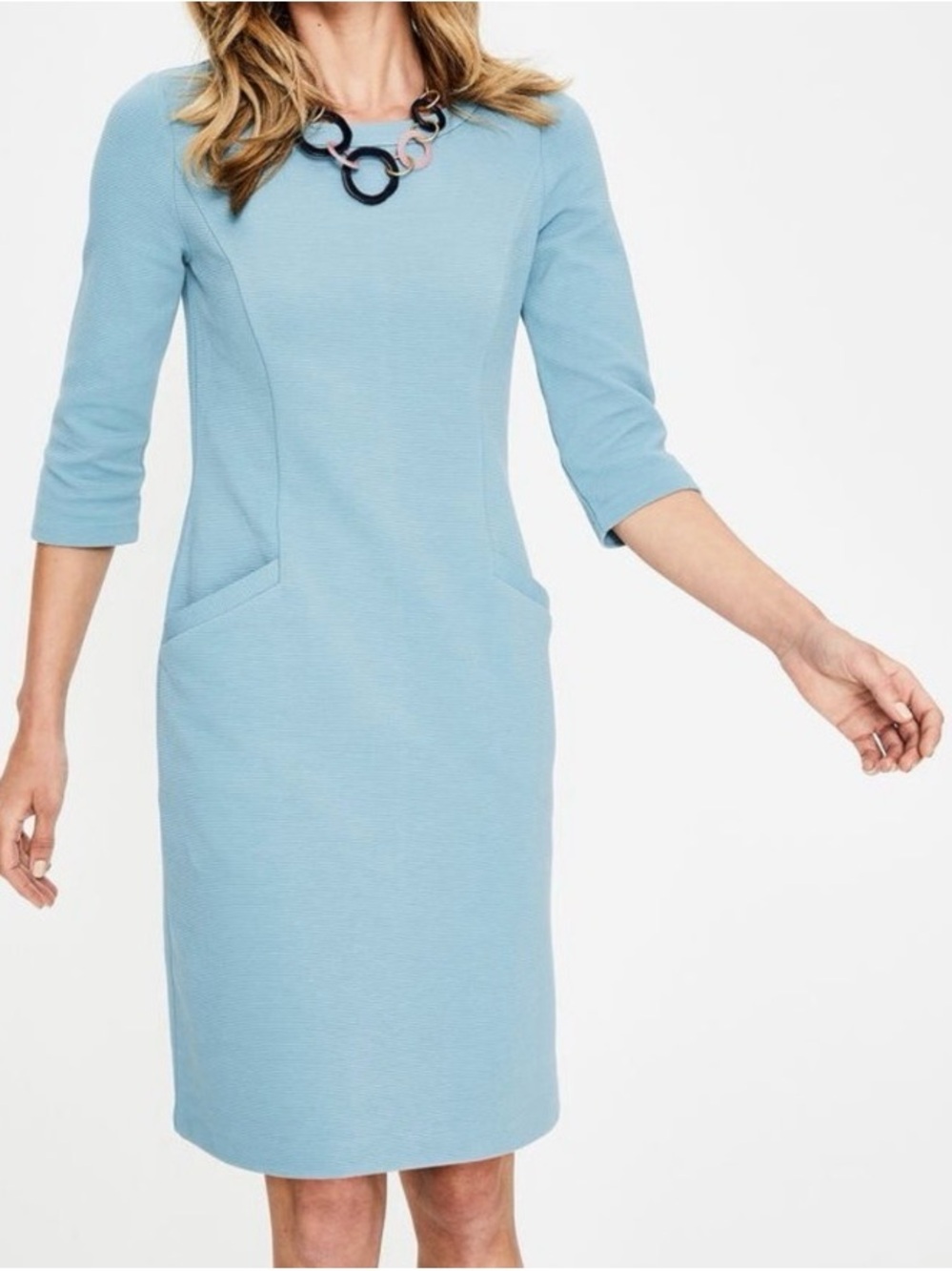 Boden Light Blue Jasmine Ottoman Ribbed 3/4 Sleeve Dress sz 10 Long Classic